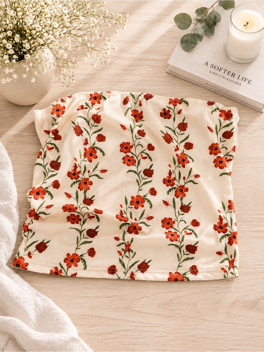 Floral Cream Tube top with Red Flower Print